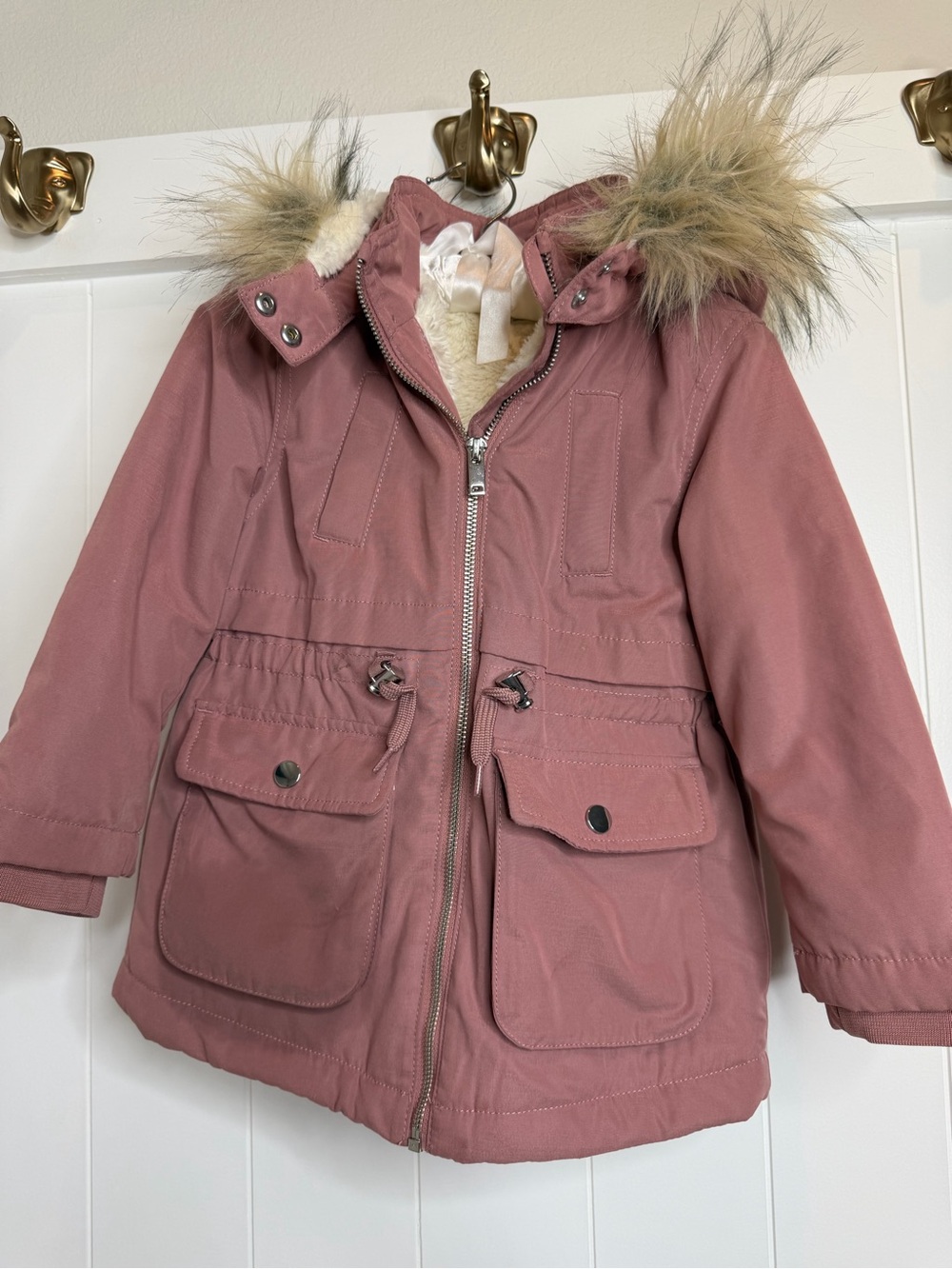 H&M Girls Dusty Rose Faux-Fur Hooded Puffer Jacket